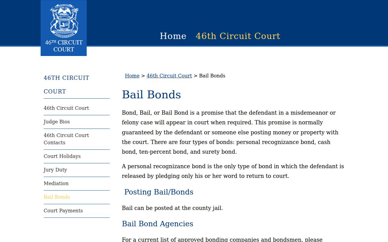 Kalkaska County criminal court case bond guidance from 46th Circuit Court