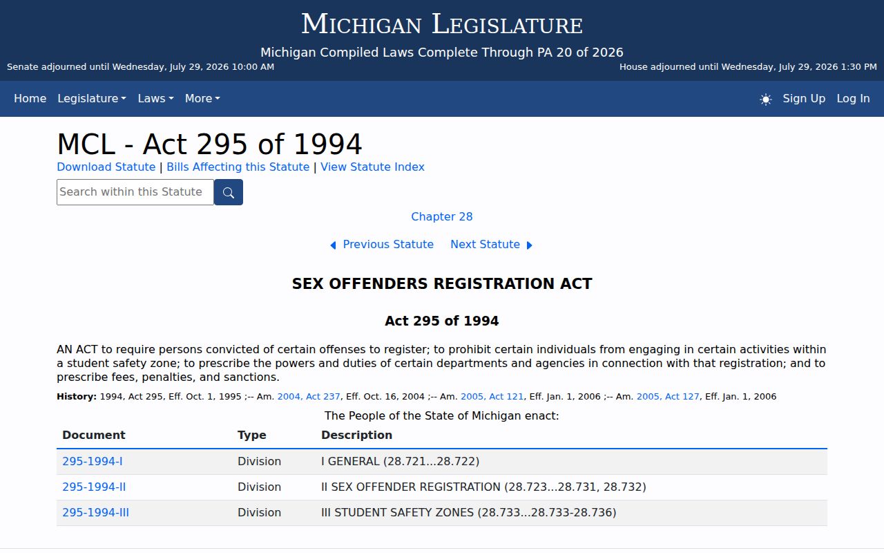 Michigan Sex Offenders Registration Act for Kalkaska County registry duties