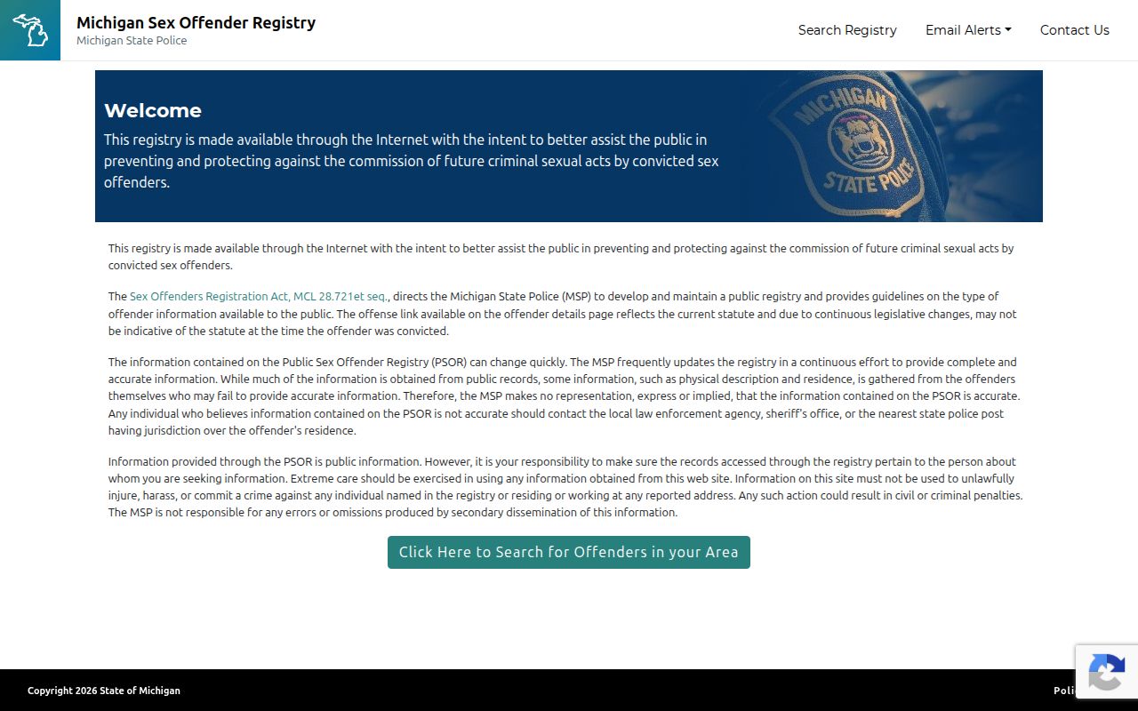 Michigan PSOR interface for a Kalkaska County sex offender registry search