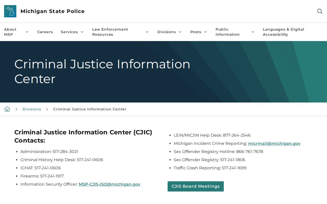 Kalkaska County sex offender registry contact through the MSP Criminal Justice Information Center